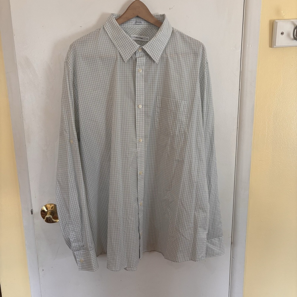 CALVIN KLEIN Shirt Mens 2XL Green Checkered Long Sleeve Collared Button Down